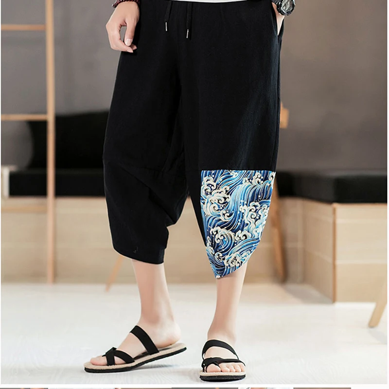 Summer New Men's Loose Spliced Harem Pants Casual Big Crotch Calf-Length Pattern Pencil Trousers Solid Color Drawstring