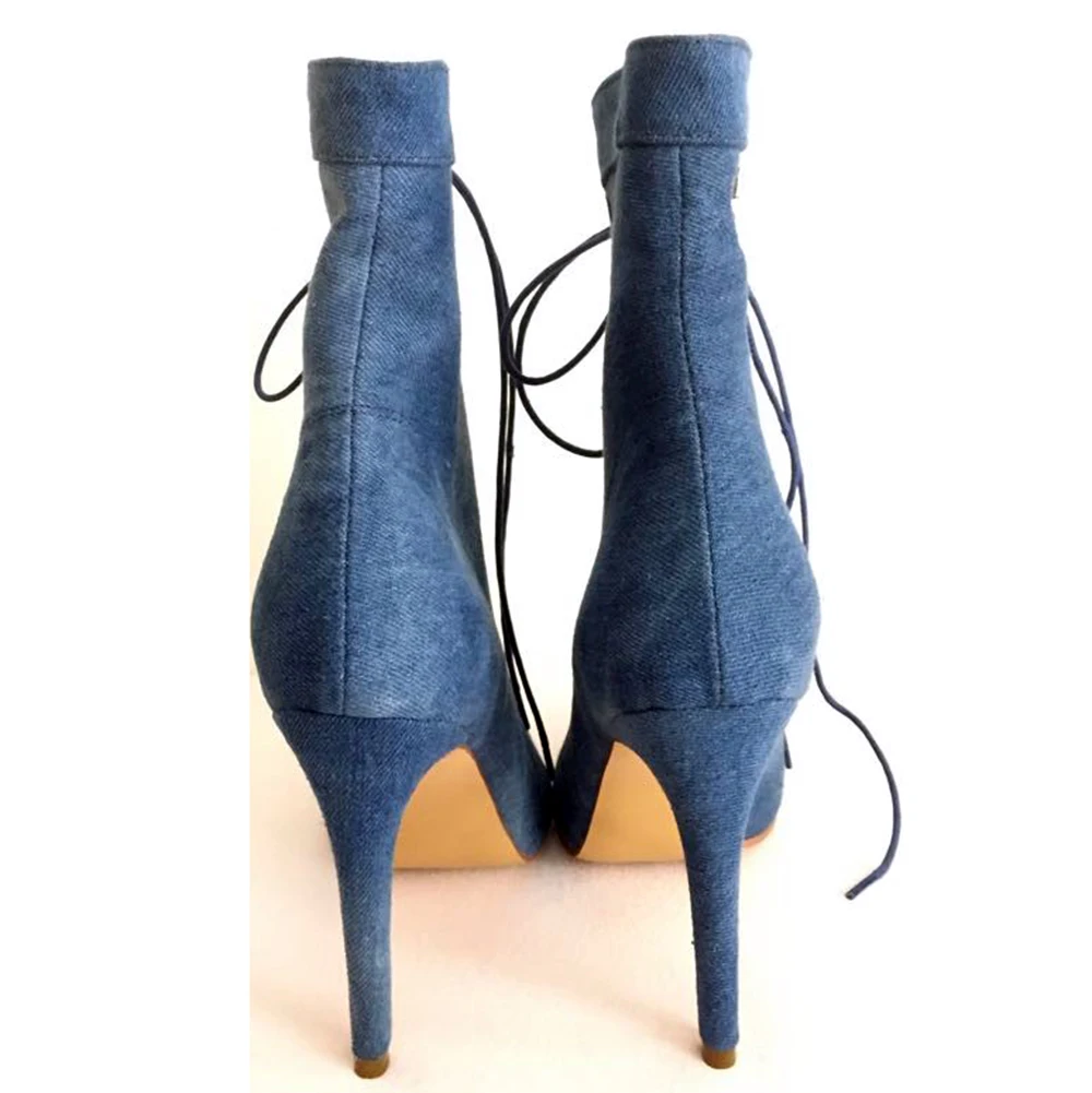 Женские джинсовые ботильоны Цвет синий ботинки с открытым носком на высоком