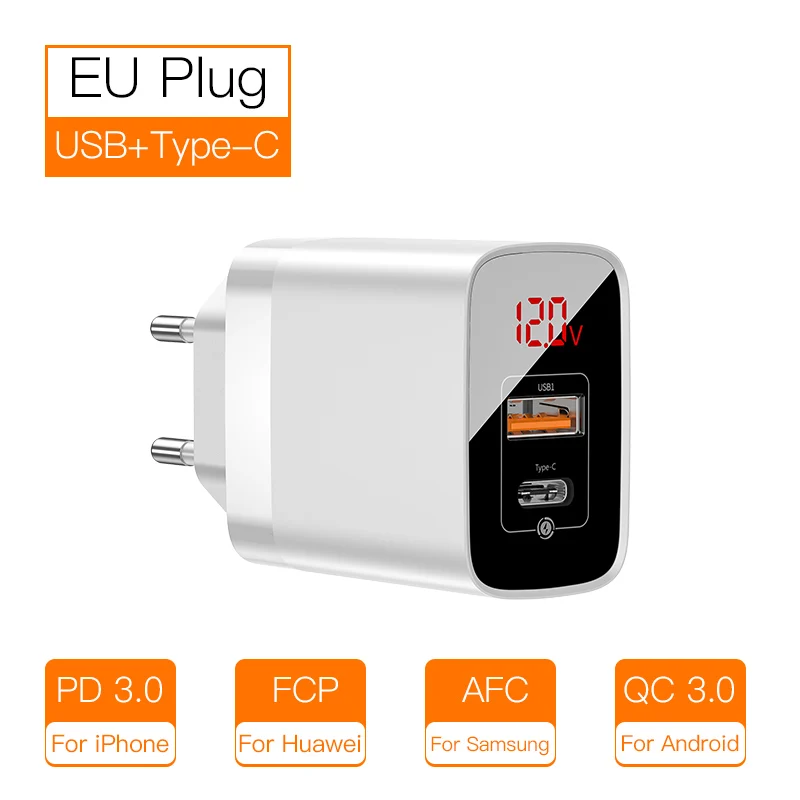 EU White A C Baseus цифровой дисплей Быстрая зарядка 3,0 USB зарядное устройство 18 Вт PD 3,0 быстрое зарядное устройство для iPhone 11 Pro зарядное устройство для мобильного телефона USB C зарядное устройство - Тип штекера: EU White A C