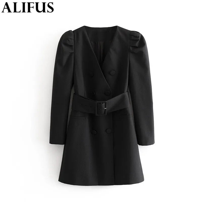 

Fashion Za Women Dress 2019 Elegant Solid Sashes Chic V Neck Puff Sleeve Office Wear Mini Dresses Female Ladies Vestidos