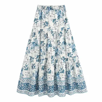 

Plus size Women Boho Celebrity style White Blue Floral Floor-length Skirt 2020 Summer Loose Vintage Print High waist Midi Skirt