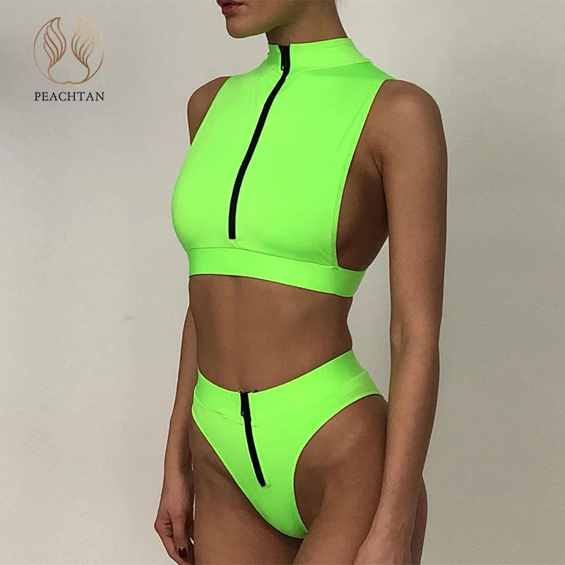 Peachtan винтажное неоновое бикини 2020 mujer купальник на молнии женский с высокой