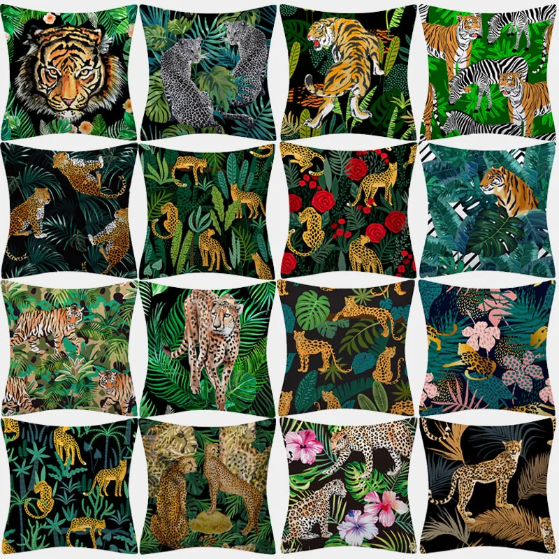 Tropical Jungle Cushion Cover 45x45 Polyester Tiger Leopard Printed Pillowcase Decorative Sofa Cushions Palm Leaf Pillowcover