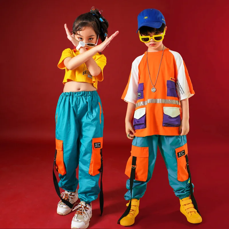 

Hip Hop Dance Costumes for Girls Boys Jazz Ballroom Dancing Clothes Stage Outfits Kids Perform Show Wear Crop Top T Shirt Pants