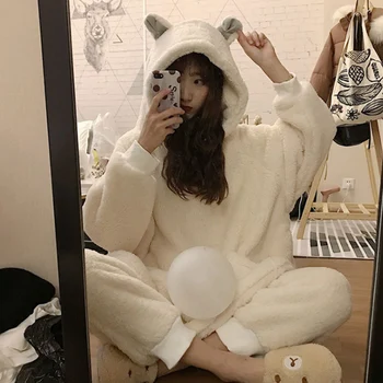 

Korean version of the wild loose plush rabbit ears home set 2pcs pajamas set pijamas PJS 2020 autumn winter new women's