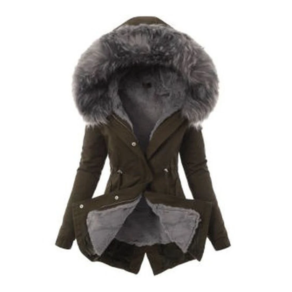 HEFLASHOR, одноцветная толстовка, тонкая куртка, пальто для женщин,, зимняя теплая подкладка, плюш, молния, мех, с капюшоном, верхняя одежда, Женская Толстая куртка - Цвет: army green