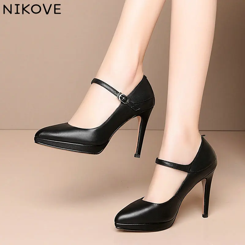 

NIKOVE 2020 Summer Women Pumps Shoes Ankle Strap Thin High Heel Pointed Toe Genuine Leather+PU Solid Fashion Shoes Size 34-39