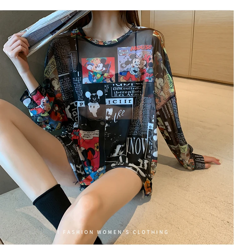 Disney 2021 Summer Famous Anime Mickey Mouse Brand Mesh Shirt Women Sun Protection Transparent Long Sleeve Blouse Ladies T-shirt