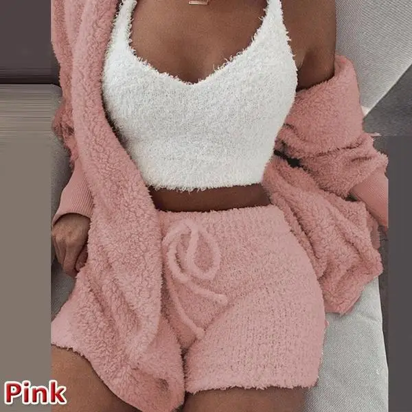 Женский зимний Кардиган, плюшевый свитер с длинным рукавом, мягкое теплое пальто с капюшоном+ шорты с высокой талией, комплект одежды для сна, 2 шт - Цвет: Розовый