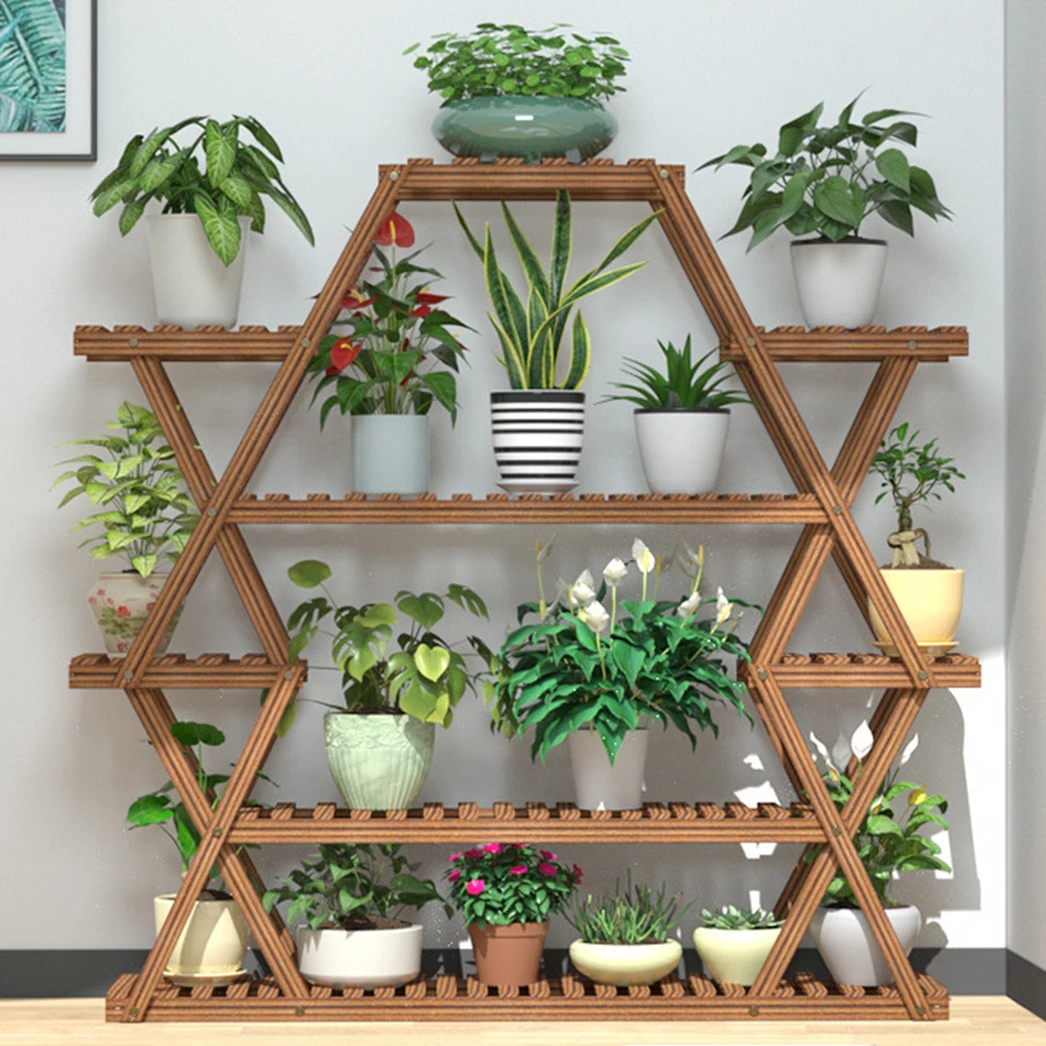 Supporto Per Piante Ad Angolo 6 Ripiani In Metallo E Legno - 114cm, Per Interni/Esterni, Balcone E Giardino