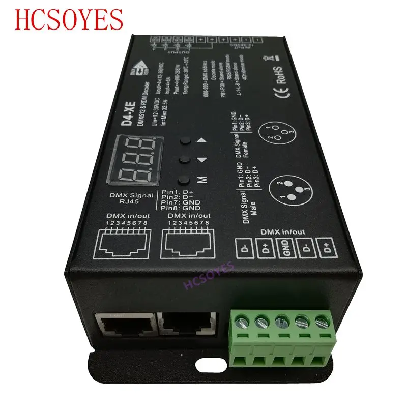 D4-XE 4CH PWM constant voltage CV DMX512 RDM LED decoder controller with digital display XLR3 RJ45 DC12V 24V 36V input 8A*4CH