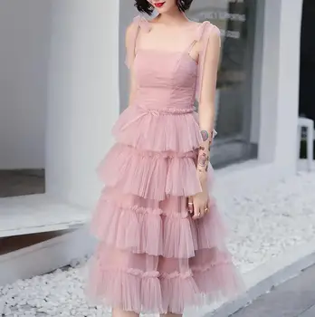 

Bow Tied Strap Mesh Dress Women Spaghetti Strap Midi Party Dress Summer 2020 Multi-layer mesh Elegant Ladies Cake Dress Vestido