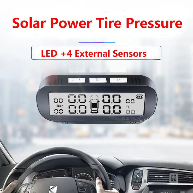 

Tyre Pressure Sensor With 4 External Sensors Temperature Warning Fuel Save Tire Pressure Monitoring System Solar + USB Charging