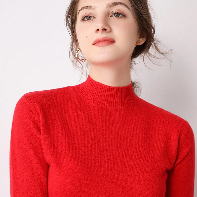 Лидер продаж Базовая Для женщин однотонные Цвет Половина Водолазка; свитер мериносовая шерсть тренд Цвета свитера женские джемперы - Цвет: Красный