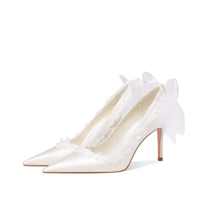 autumn-new-pointed-lace-bow-stiletto-high-heeled-white-satin-bridal-wedding-shoes-banquet-dress-large-size-women's-single-shoes