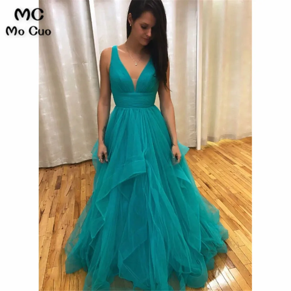 

Elegant Teal Puffy Prom Dresses Evening Gown Long Double V-Neck Tank Sleeveless Tulle Formal Evening Party Dress for Women