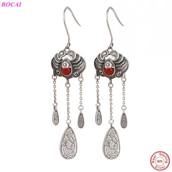 

BOCAI S925 sterling Silver Cloisonne eardrop women's traditional ancient burning blue southern red jade Tassel female Earrings