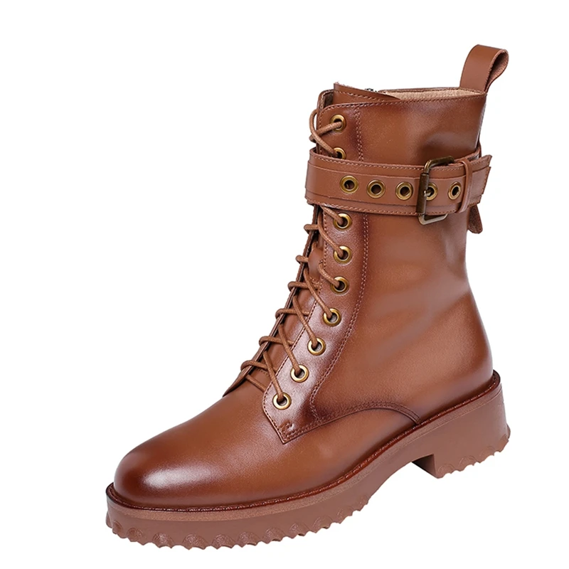 Light brown MORAZORA; коллекция года; ботильоны из натуральной кожи; модная обувь на шнуровке с пряжкой; женские ботинки на среднем каблуке с круглым носком; большие размеры 34-42 - Цвет: Light brown