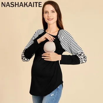 

NASHAKAITE Women Pregnant Clothes Casual Leopard Print Long-sleeve Nursing Tee Loose Mom Breastfeeding Tops
