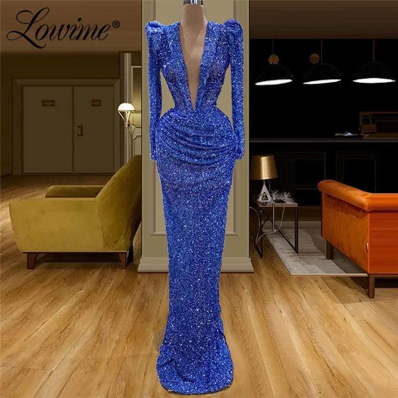

Blue Beading V-Neck Muslim Evening Dresses Saudi Arabic Formal Evening Gowns Middle East Dubai Long Mermaid Party Dress Prom