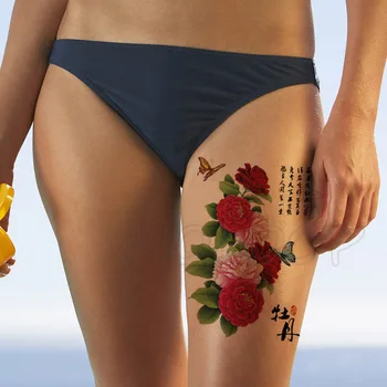 

Pink Bloom Peony Butterfly Water Transfer Tattoo Stickers Women Body Chest Art Temporary Girl Waist Bracelet Flash Tatoos Flower