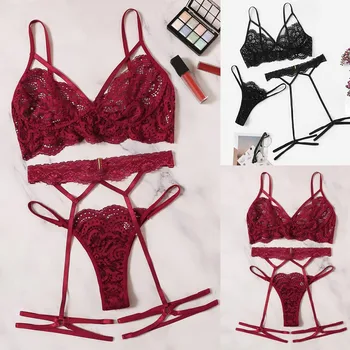 

MIARHB S-XL Sexy Lace Bra for Women Ladies Hollow Thong Garter Sleepwear Black Lingerie Set Underwear Female Women's Intimates