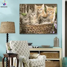 DIY картинки для раскраски по номерам с цветами группа котят в корзине картина Рисование Живопись по номерам в рамке дома