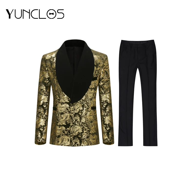 

YUNCLOS Men's Golden Blazer Wedding And Party Suit 2 Pieces Suit And pant Black Collar Single-breasted With One Button