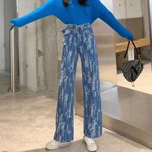 Новые потертые джинсы с начесом, модные, с высокой талией, широкие, прямые, свободные, с эффектом потертости, женские джинсы