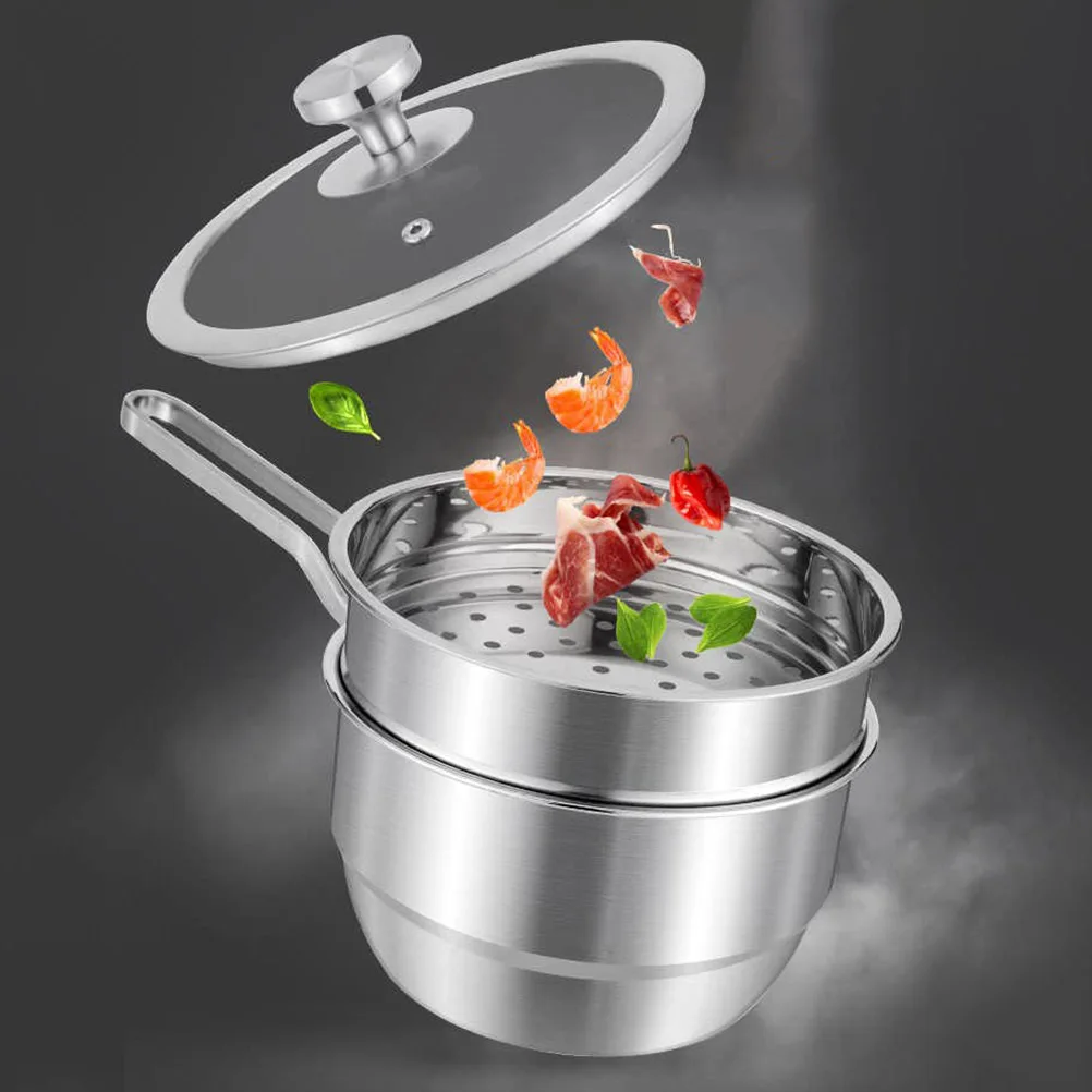 Stainless Steel Milk Pot Double-layer Steamer Multifunction Steam Pot Cooking Pots(18cm Pot+Steaming Rack