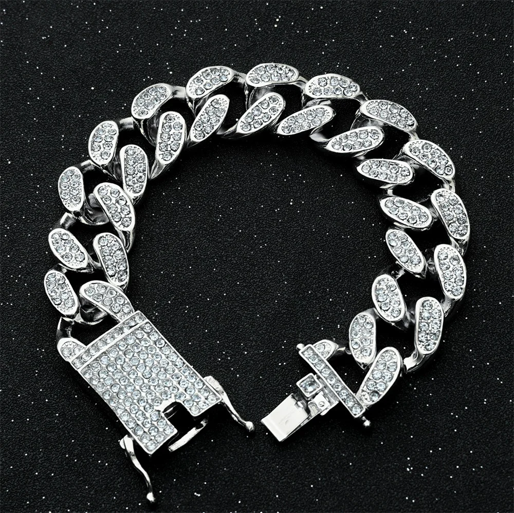 20mm Heavy Hip Hop Iced Out Miami Cuban Link Chain for Mens Bling Full Crystal Rhinestone Gold Silver Necklace Jewelry Bracelets