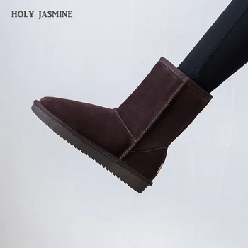 

HOT New Cow Suede Snow Boots Slip-On Solid Color Ankle Boots Round Toe Thick Bottom Women Shoes Low (1cm-3cm) Winter