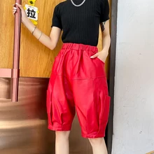 

Spring Autumn New Designer Women's Sheepskin Fifth Pants High Quality Elastic Waist Genuine Leather Harem Pants C269