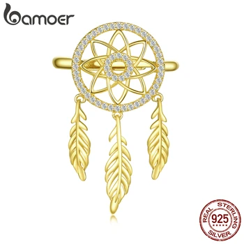 

bamoer GAR073 Real 925 Sterling Silver Ring Golden Dreamcatcher Adjustable Finger Rings Sparkling Fashionable Design for Women