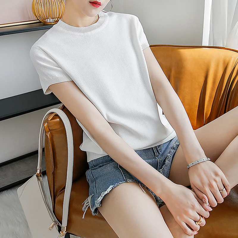 Simple Solid Color Casual Short Sleeve Round Neck High Elastic T-shirt Bottom T-shirt Spring Summer Autumn 2020