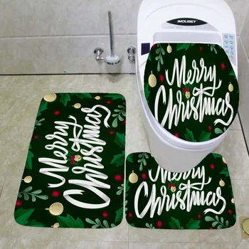

WUJIE 3PCS Christmas Mat Santa Claus Pattern Pedestal Rug + Toilet Cover + Bath Mat Set Non-Slip Bath Curtain Set Home Decor