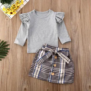 

Fashion New 2PCS Kids Baby Girls Clothes Set Princess Ruffle Cotton Long Sleeve T-shirt+Plaids Skirts Toddler Infant Outfit Suit