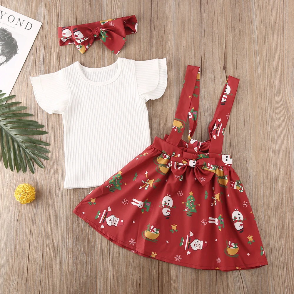 Рождественская одежда для сестер; белая футболка с рукавами-крылышками; топы с принтом; шорты-шаровары; юбка на подтяжках; повязка на голову; комплект рождественской одежды из 3 предметов