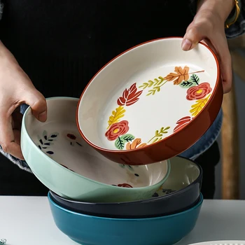 

European Painted Ceramic Soup Noodle Deep Dish Simple Home Plant Round Entree Sushi Dessert Salad Bowl Kitchen Tableware 8 Inch