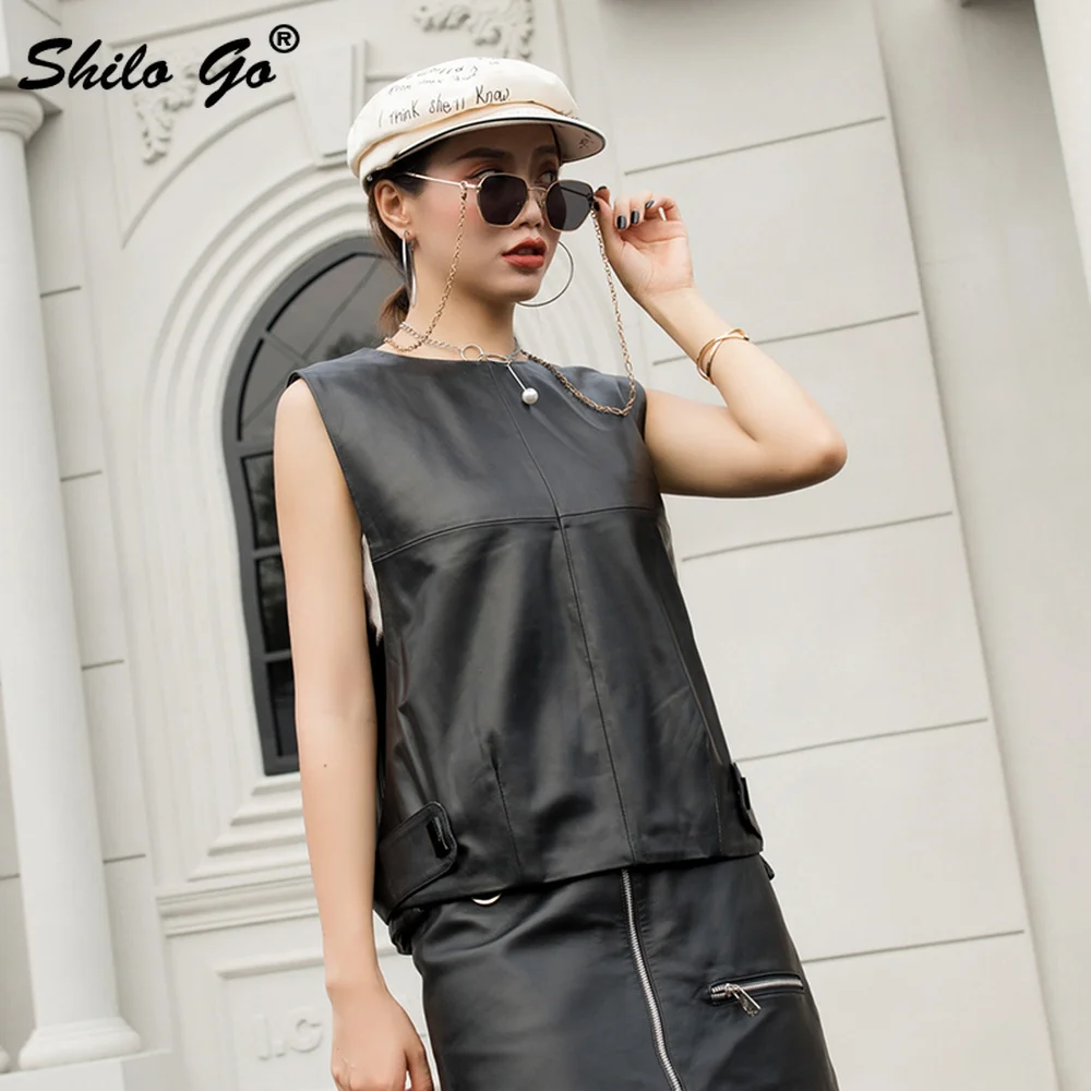 Genuine Leather Vest Minimalist O-Neck Solid Button Side Detail Sleeveless Sheepskin Pullover Tops Women Office Lady Outwear