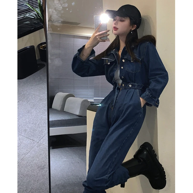 Fashion Casual Sexy Turn Down Collar Denim Jumpersuit Women Vintage Long Sleeve Jeans Rompers Wide Leg One Piece Outfit Waist |