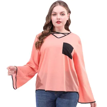 

Blouses Woman 2020 Casual Women Blouses Women Long Sleeve Loose Blouse Color Block Flare Sleeve Blouse Plus Size Chiffon TopsW