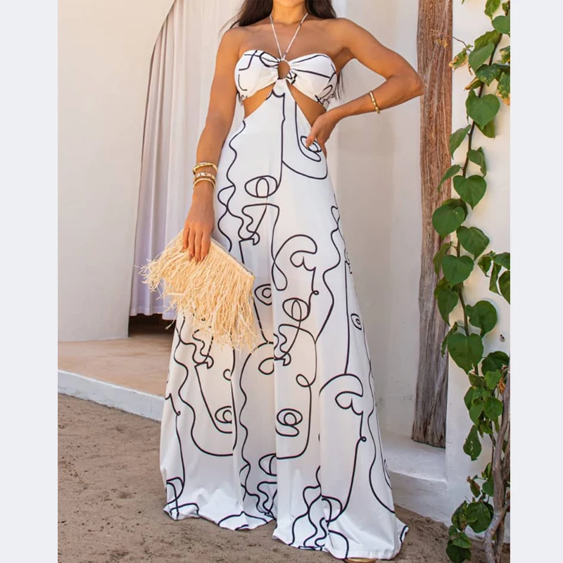 LIYONG Print Sexy Maxi Dress Women Backless Halter Summer Beach Dresses Hollow Out Sleeveless Loose Elegant Party Vestidos 2022