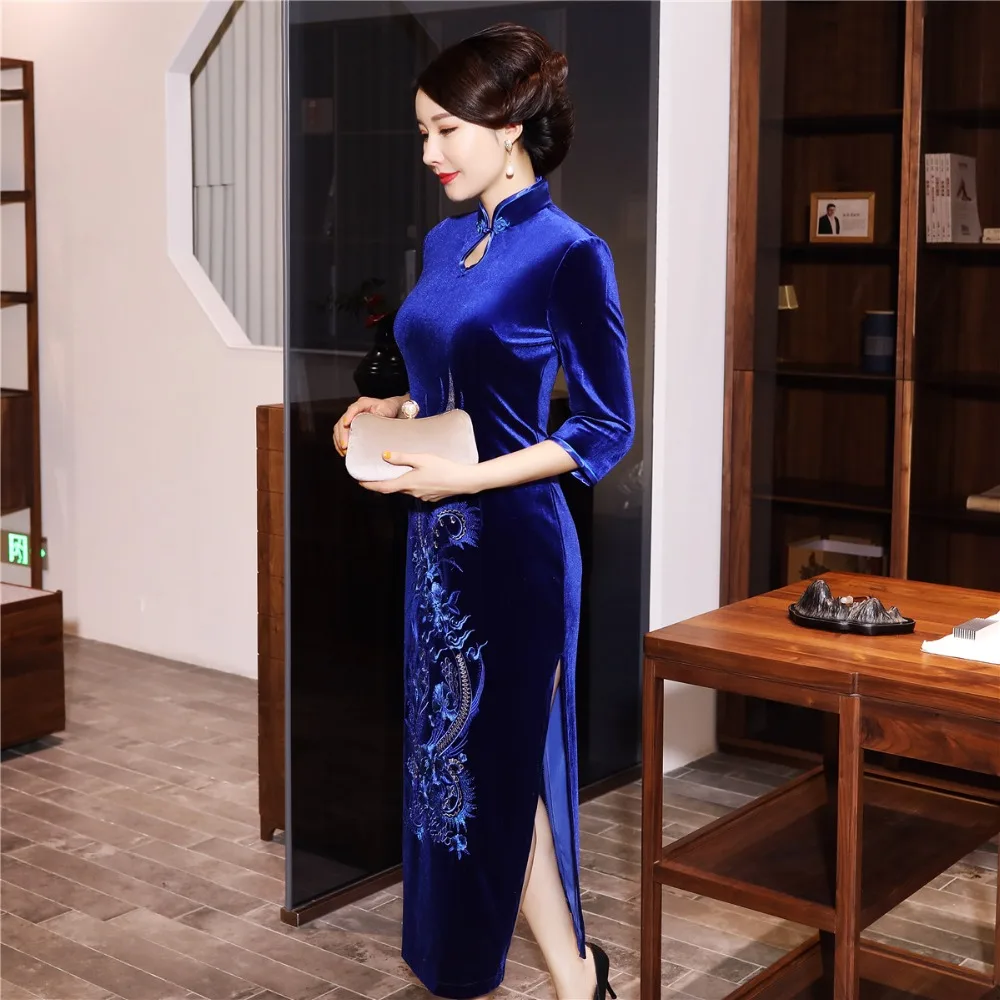 Шанхай история бархат Cheongsam китайское платье вышивка Qipao длинное