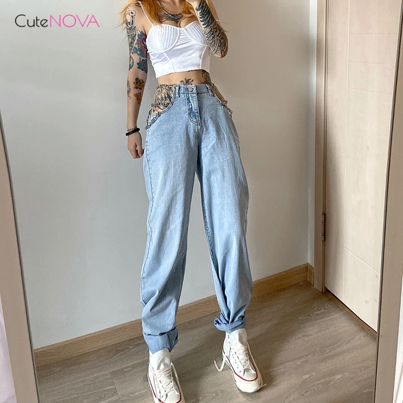 

CuteNOVA side hollow out metallic chain Wide Leg Pants Denim High Waist Loose Jeans 2020 summer autumn women Streetwear trousers