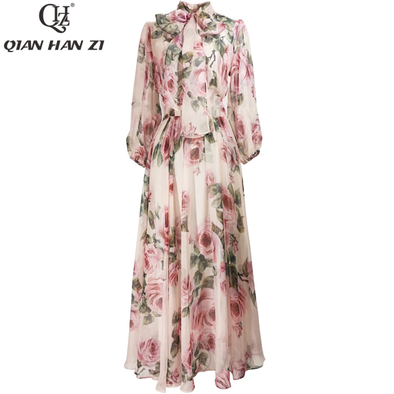 

Qian Han Zi designer bow collar beach dress Women Lantern Sleeve Rose Flower Print Chiffon Slim Fashion Elegant Mid-length Dress