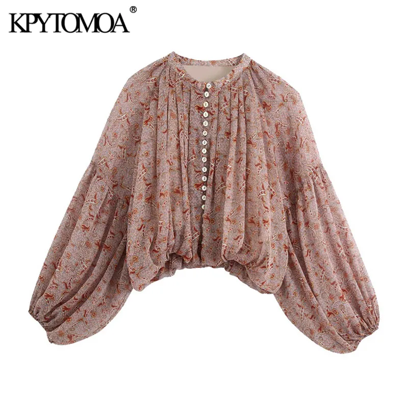 KPYTOMOA 2020 mujeres de moda estampado de Cachemira pantalones blusas manga linterna bajo elástico camisas Chic Tops