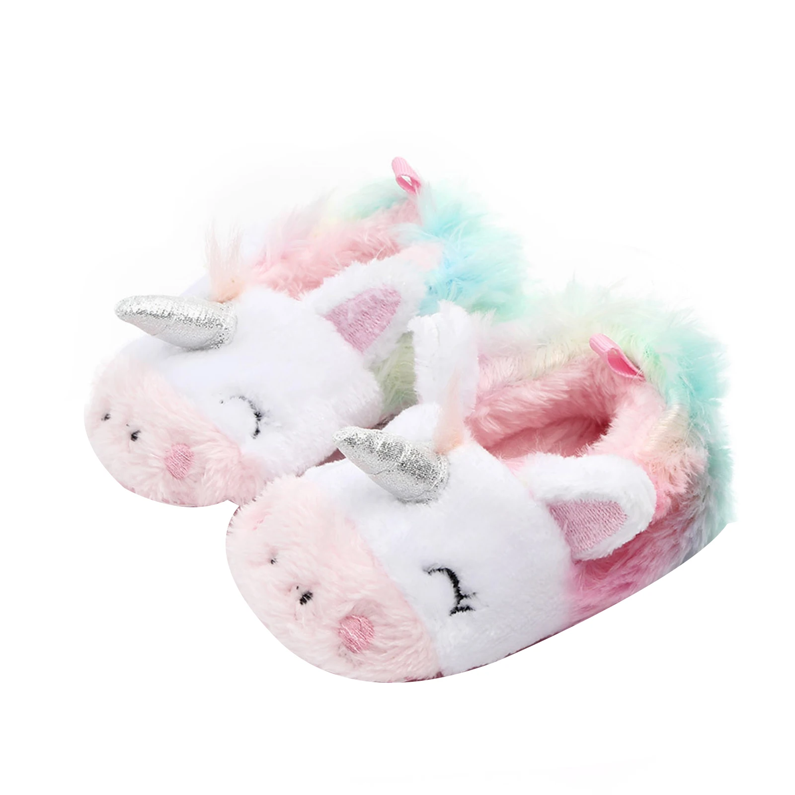 Zapatos de unicornio de dibujos animados para bebé recién nacido, zapatillas bonitas mullidas, calzado antideslizante de piel cálida para niño pequeño, calzado de suela suave para cuna