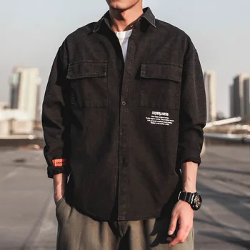 

Men's Shirt Autumn Japanese Long Sleeve Loose Men Korean Black Western Parklees Shirt Mandarin Collar Korean Male Clothes HH50CS