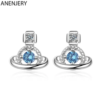 

ANENJERY Blue Cubic Zircon Universe Planet Circle Stud Earring With Silver Color Sweet Earrings For Women S-E1025